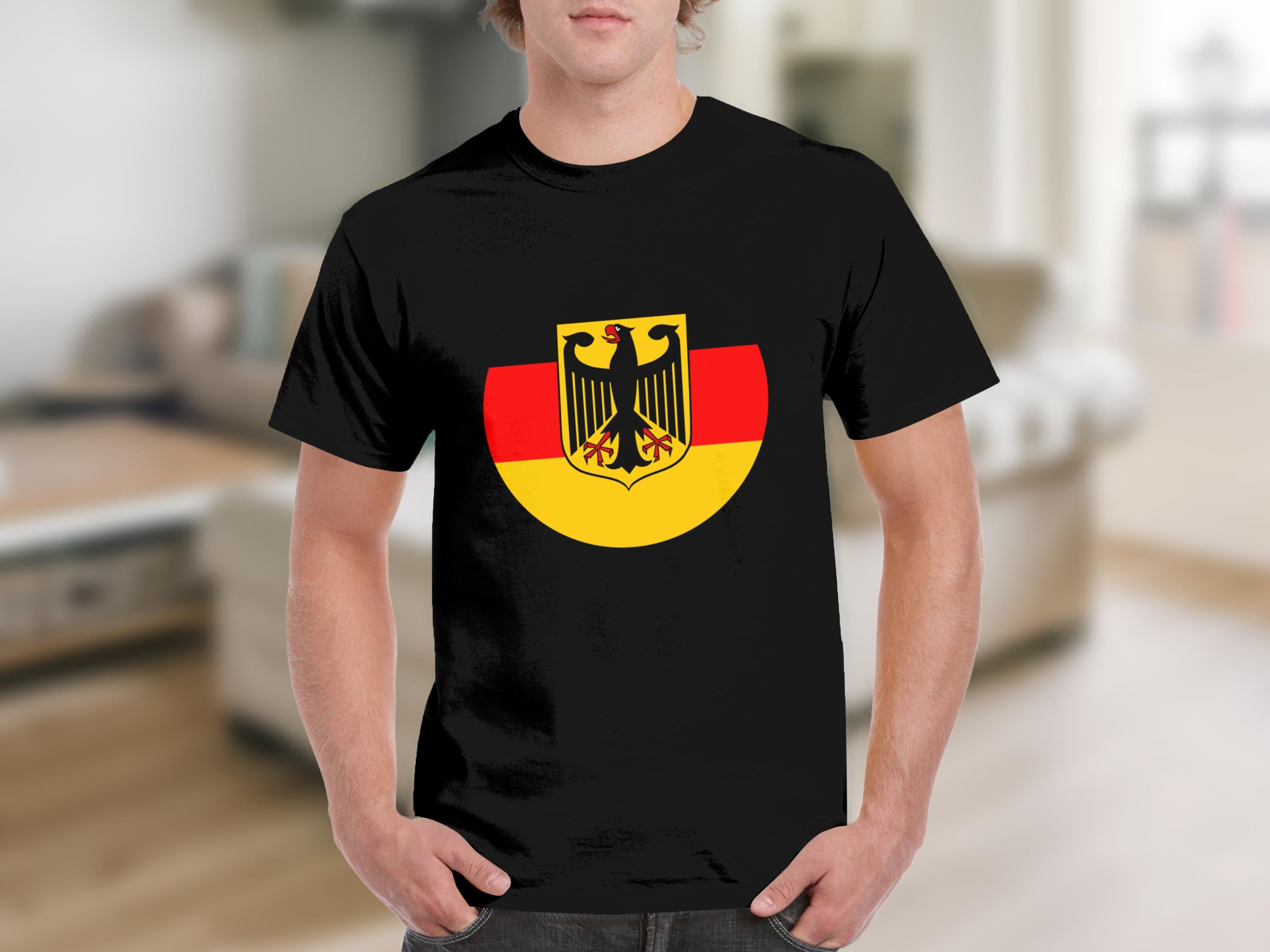 Black t-shirt with the German flag and coat of arms on the chest.