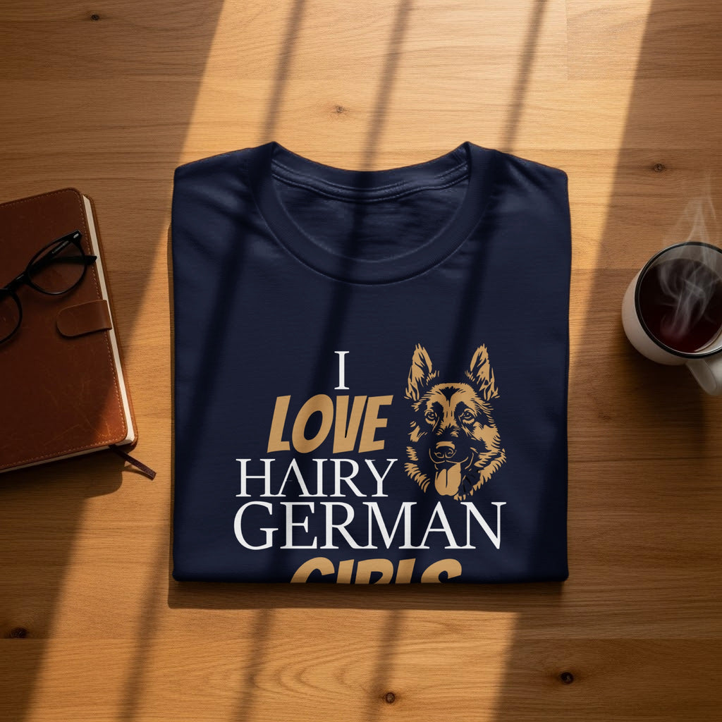Navy t-shirt with graphic text "I LOVE HAIRY GERMAN GIRLS" and a dog.