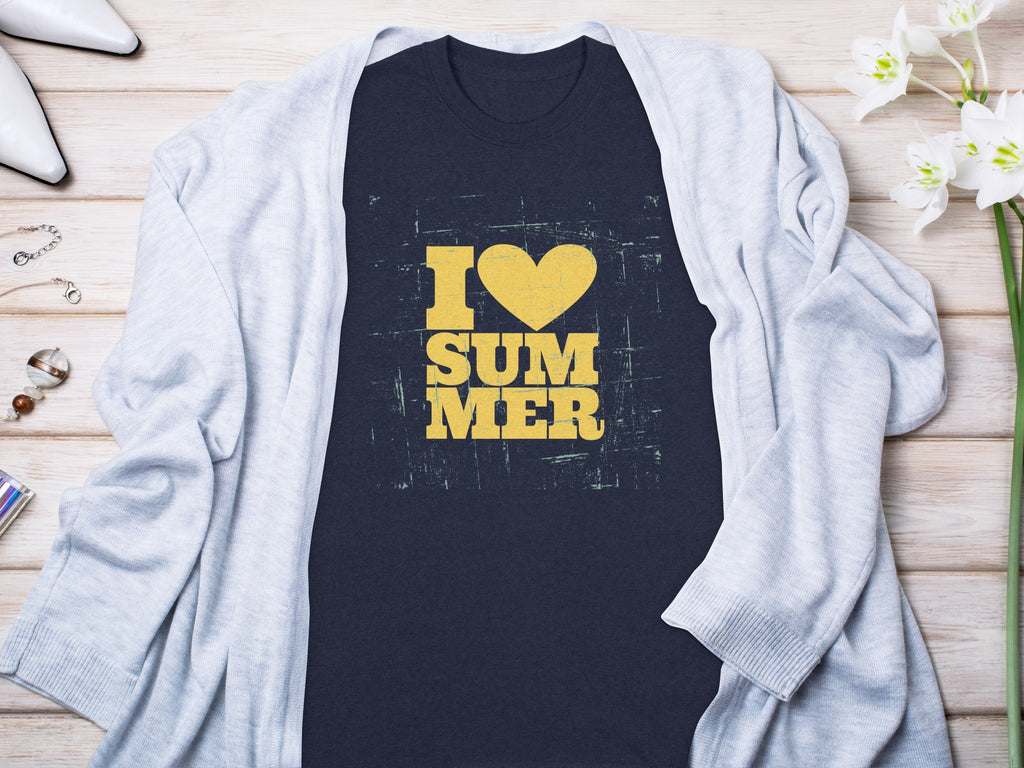 Navy t-shirt with yellow text "I Love Summer" and distressed details.