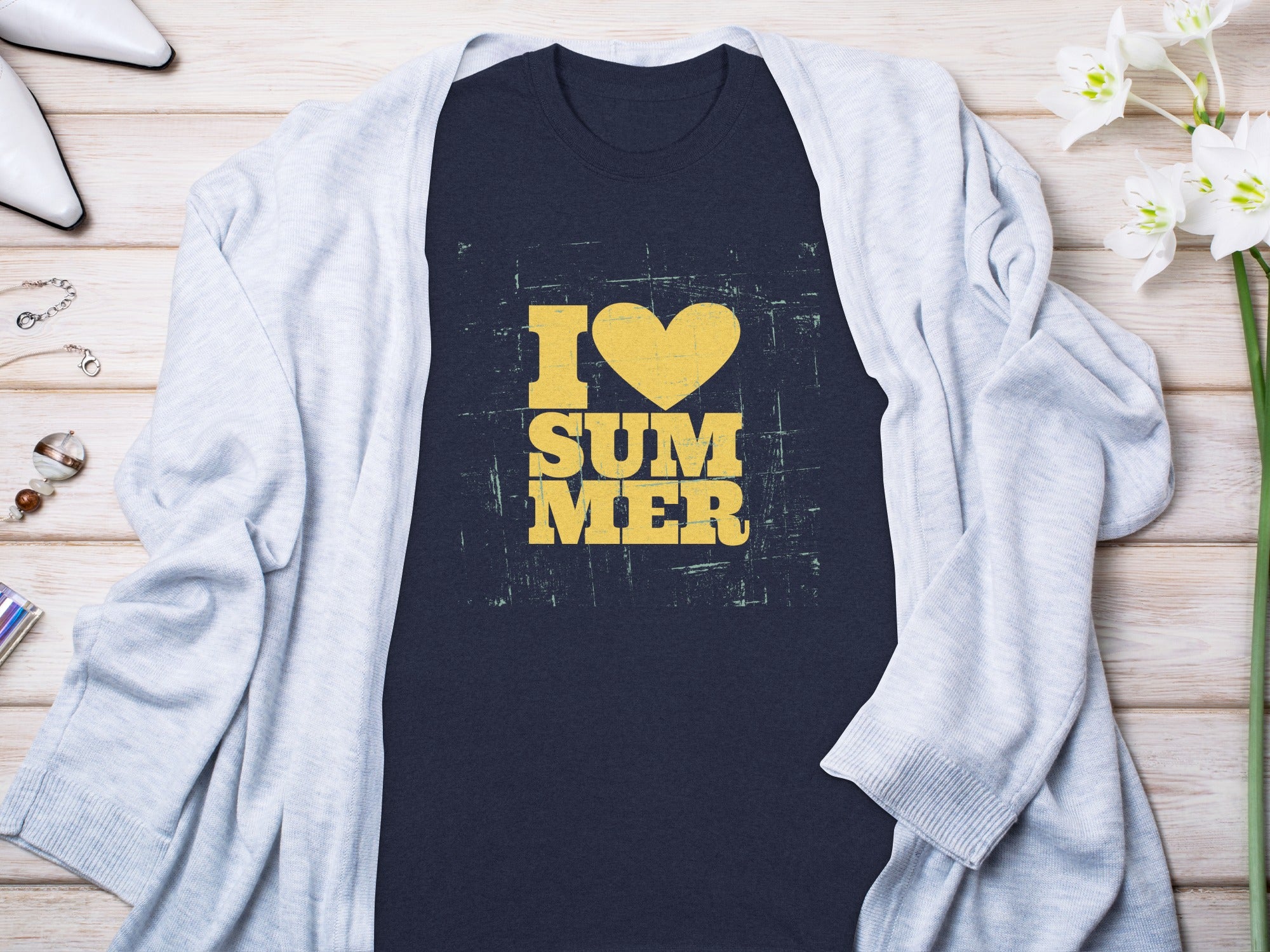 Navy t-shirt with yellow text "I Love Summer" and distressed details.