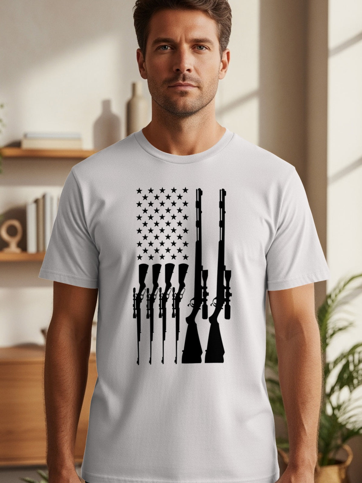 Light gray t-shirt with black American flag made of stars and rifles.