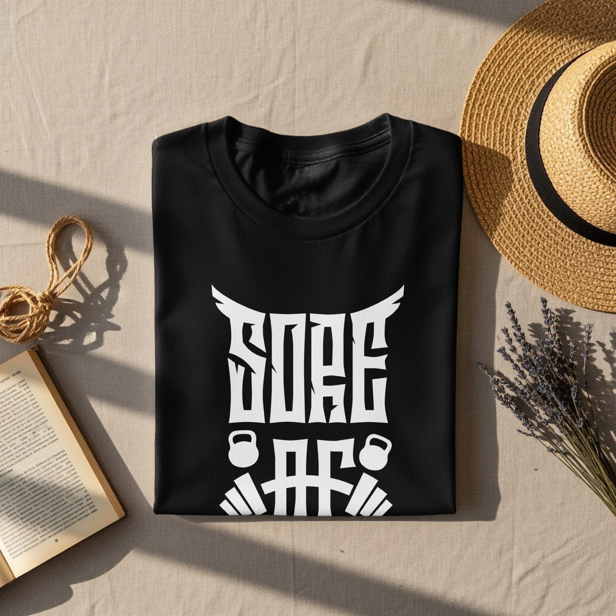 Black t-shirt with white text "SORE AF" and barbell graphics.