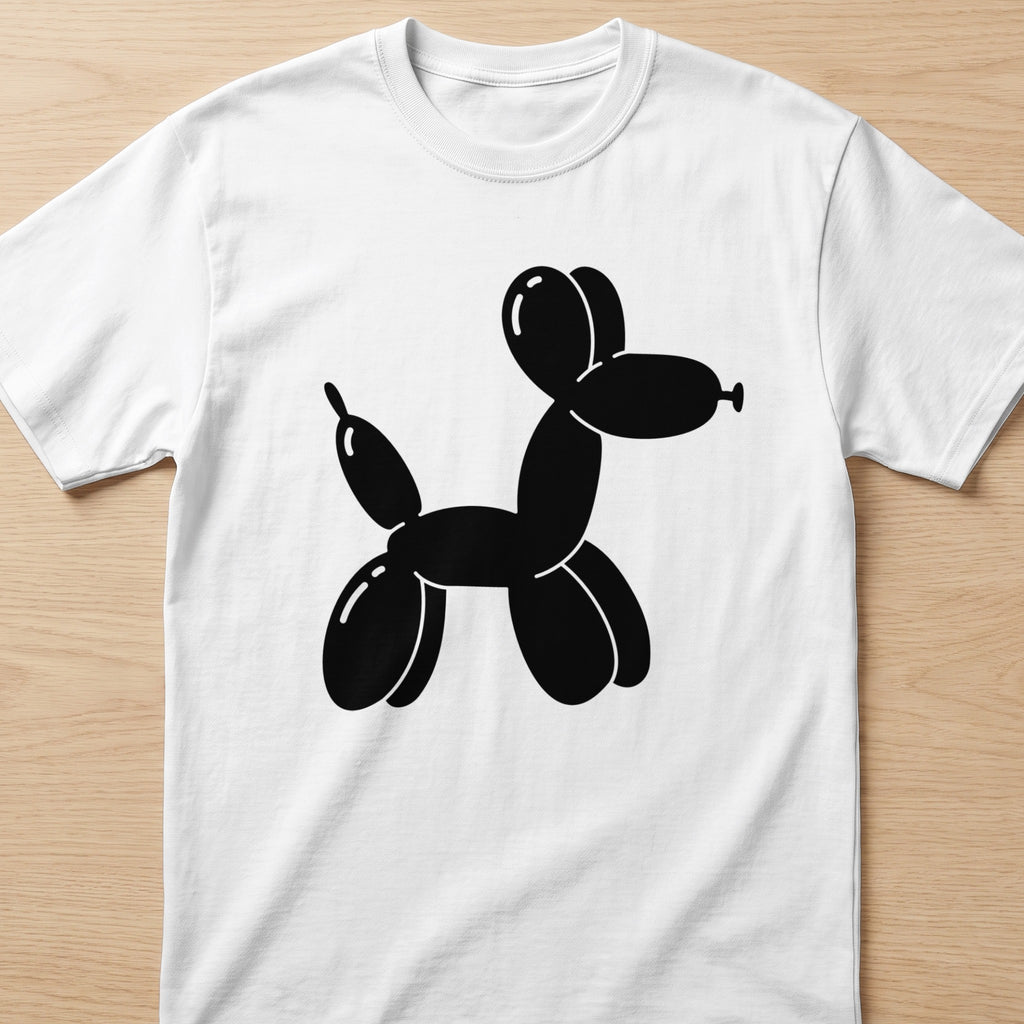 Black balloon dog graphic on a white t-shirt.