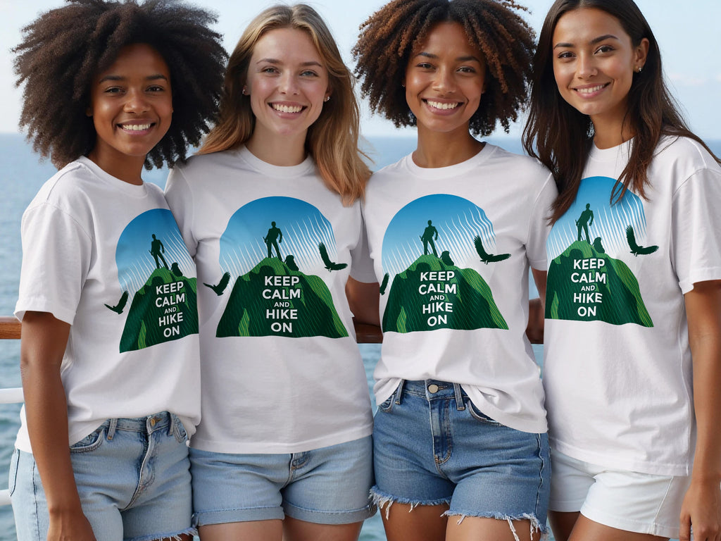 Four women in white t-shirts with "Keep Calm and Hike On" graphic.