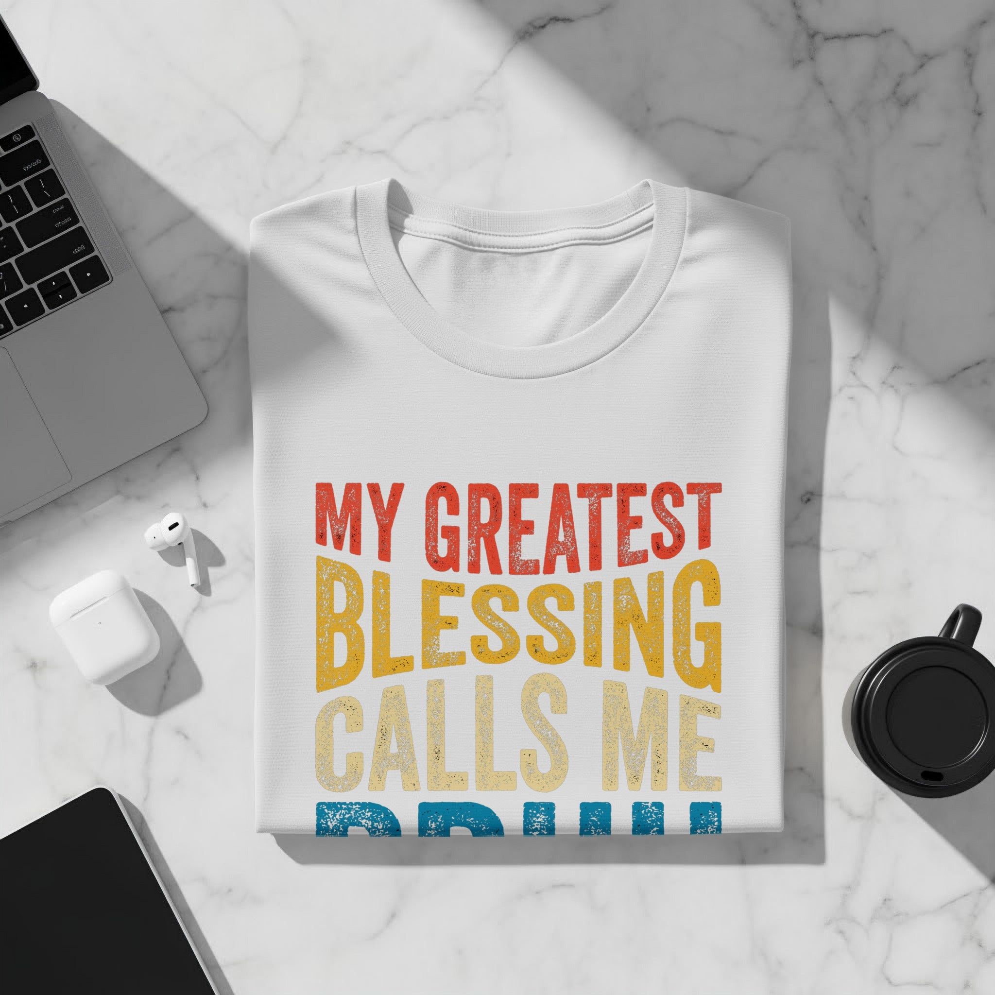 White t-shirt with distressed text "My Greatest Blessing Calls Me Grandpa".