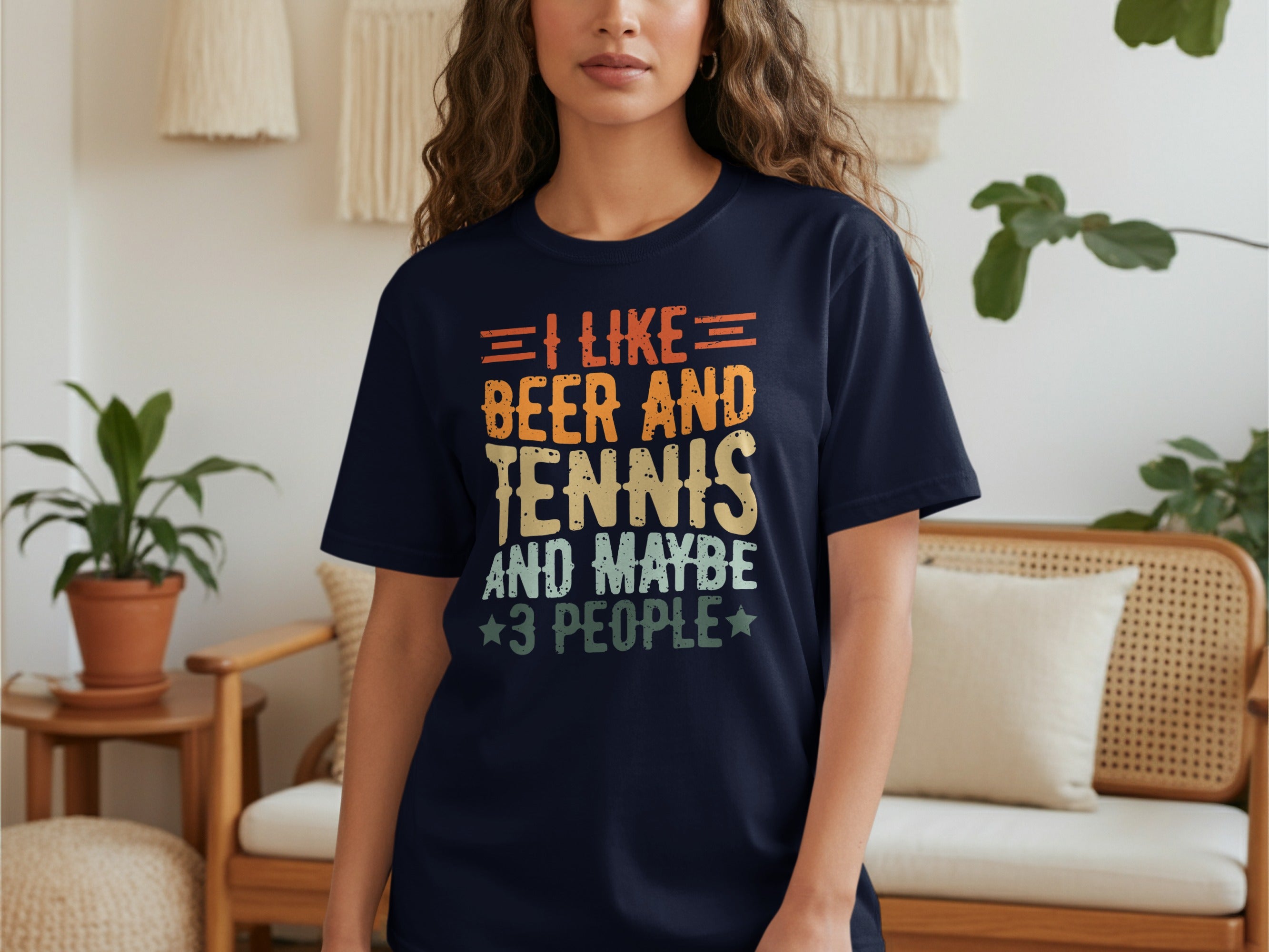 Dark navy t-shirt with text: "I like beer and tennis and maybe 3 people".
