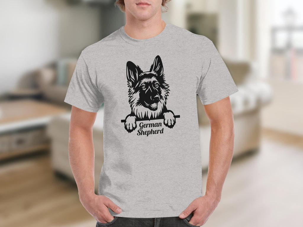 Grey t-shirt with a black silhouette of a German Shepherd's head and the text "German Shepherd".