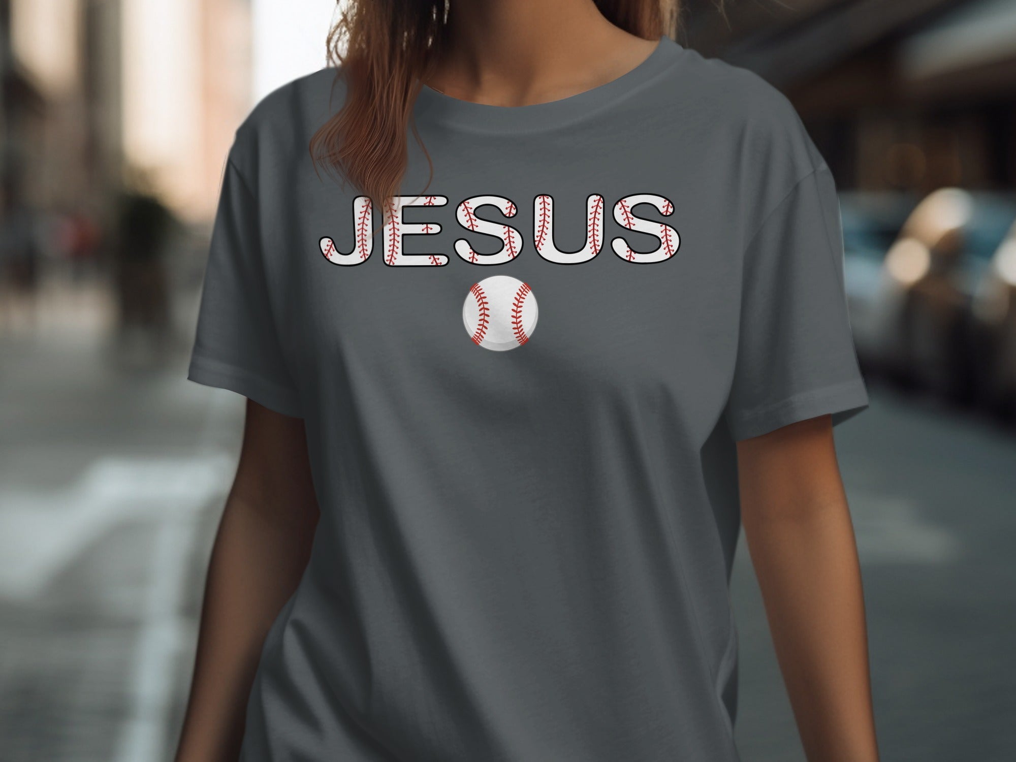Gray t-shirt with "JESUS" in baseball stitching and a baseball below.