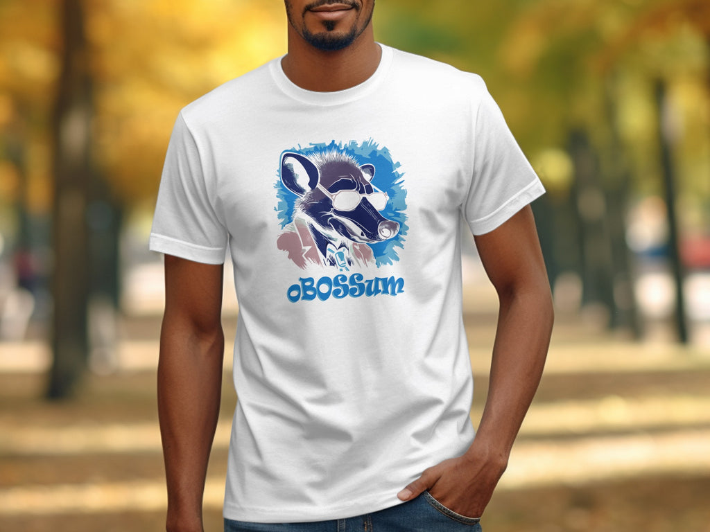 White t-shirt with a graphic of a possum wearing