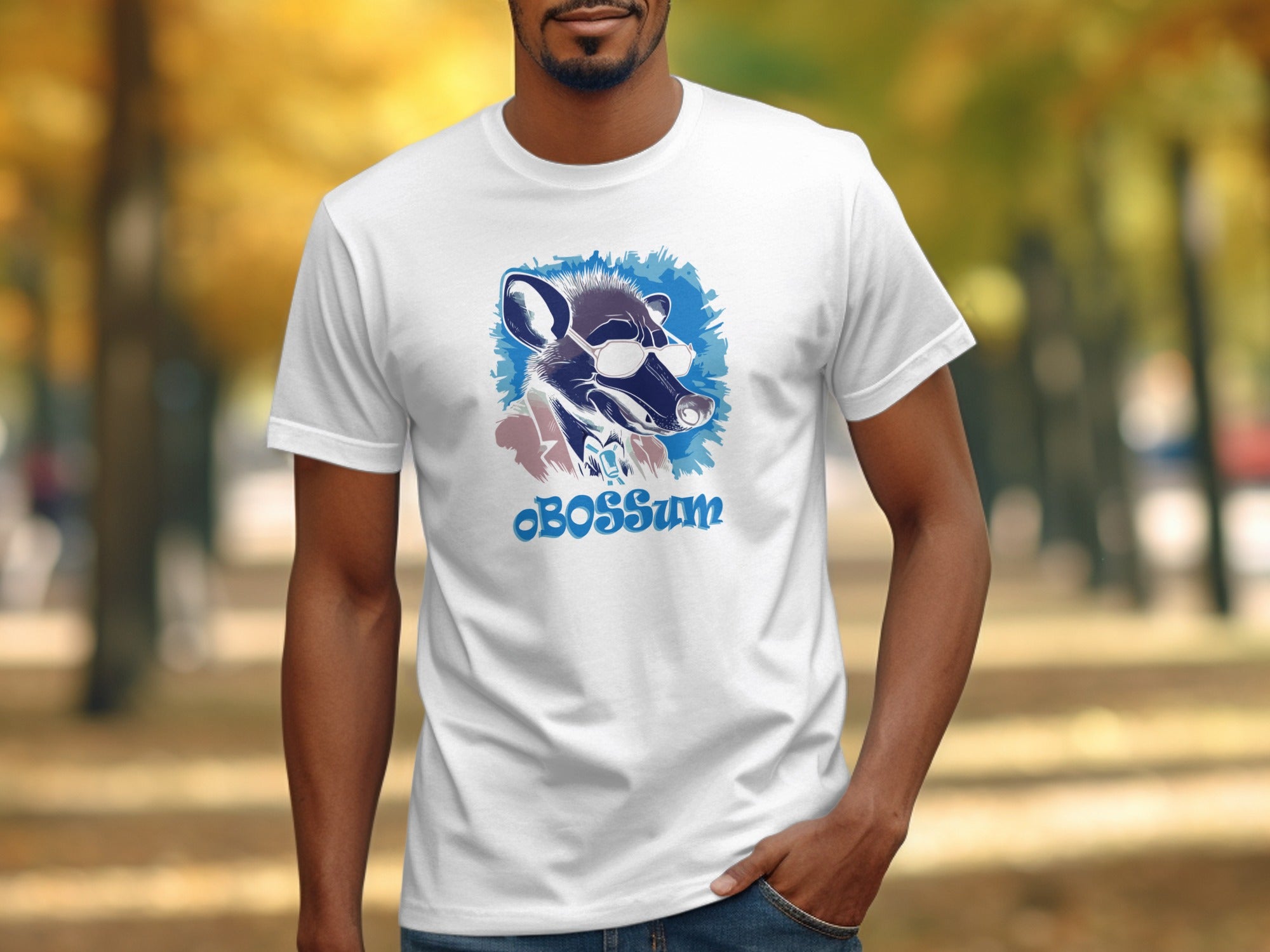 White t-shirt with a graphic of a possum wearing