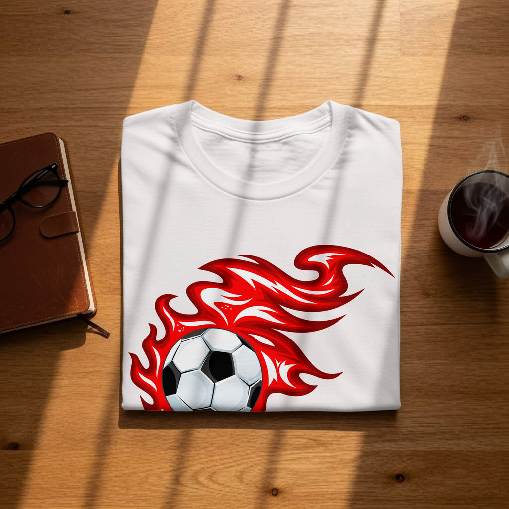 White t-shirt with a soccer ball graphic engulfed in red flames.