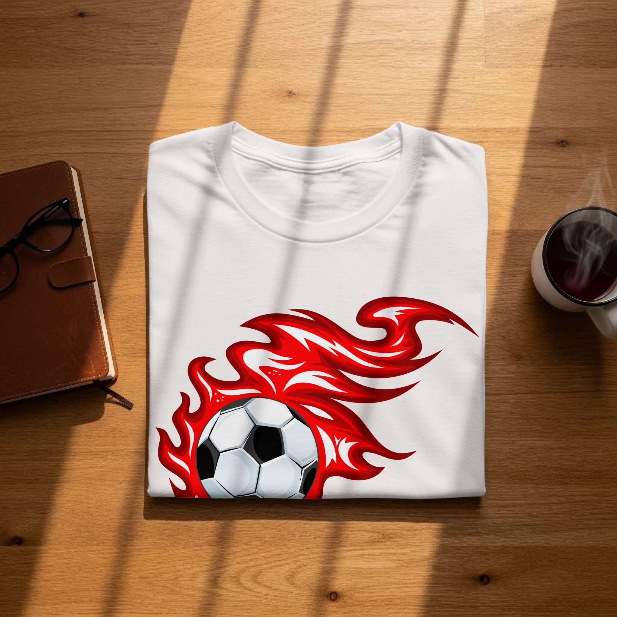 White t-shirt with a soccer ball graphic engulfed in red flames.