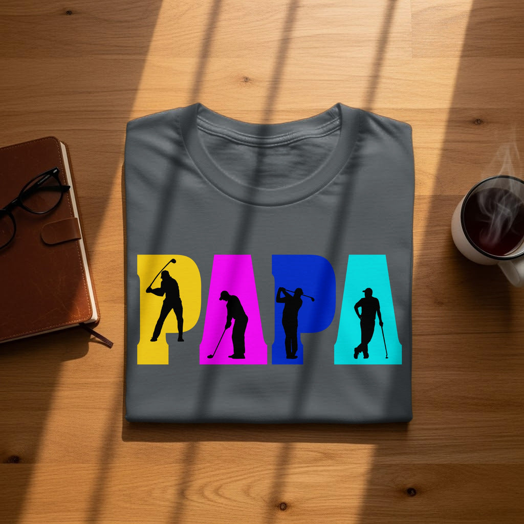 Grey t-shirt with "PAPA" written in colorful blocks, each with a golfer silhouette.