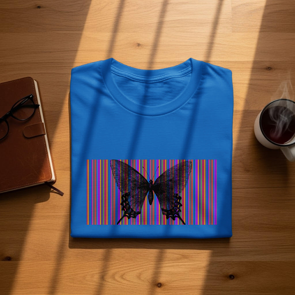 Blue t-shirt with a black butterfly on a colorful striped background.