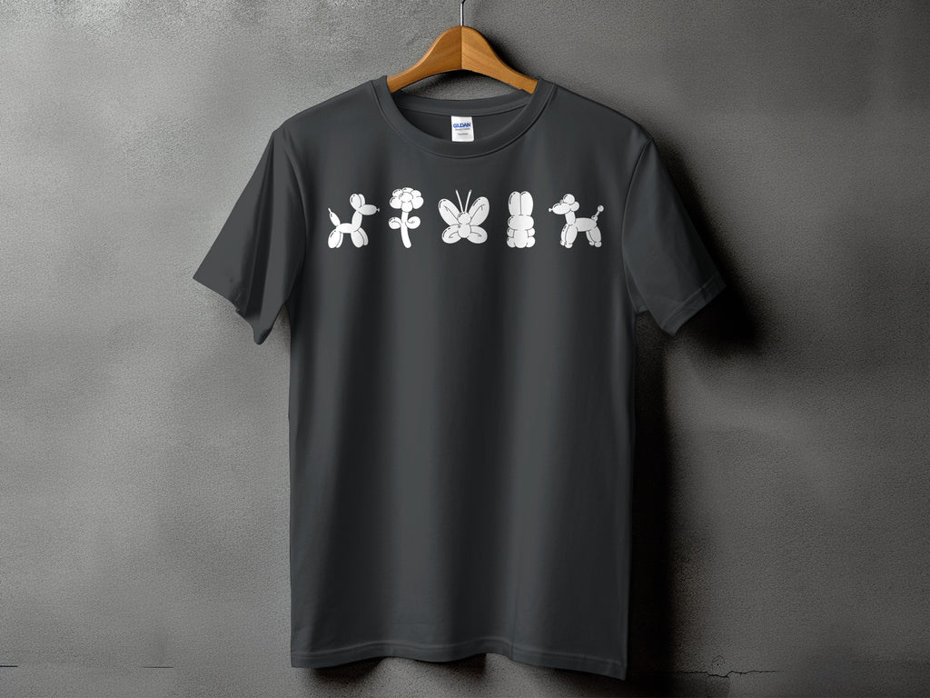 Dark grey t-shirt with white balloon animals: dog, flower, butterfly, bunny, poodle.