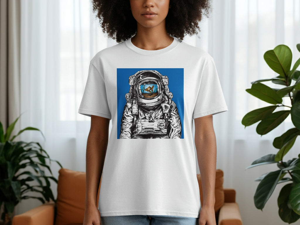 White t-shirt with a drawn astronaut, its helmet contains a goldfish in a bowl.