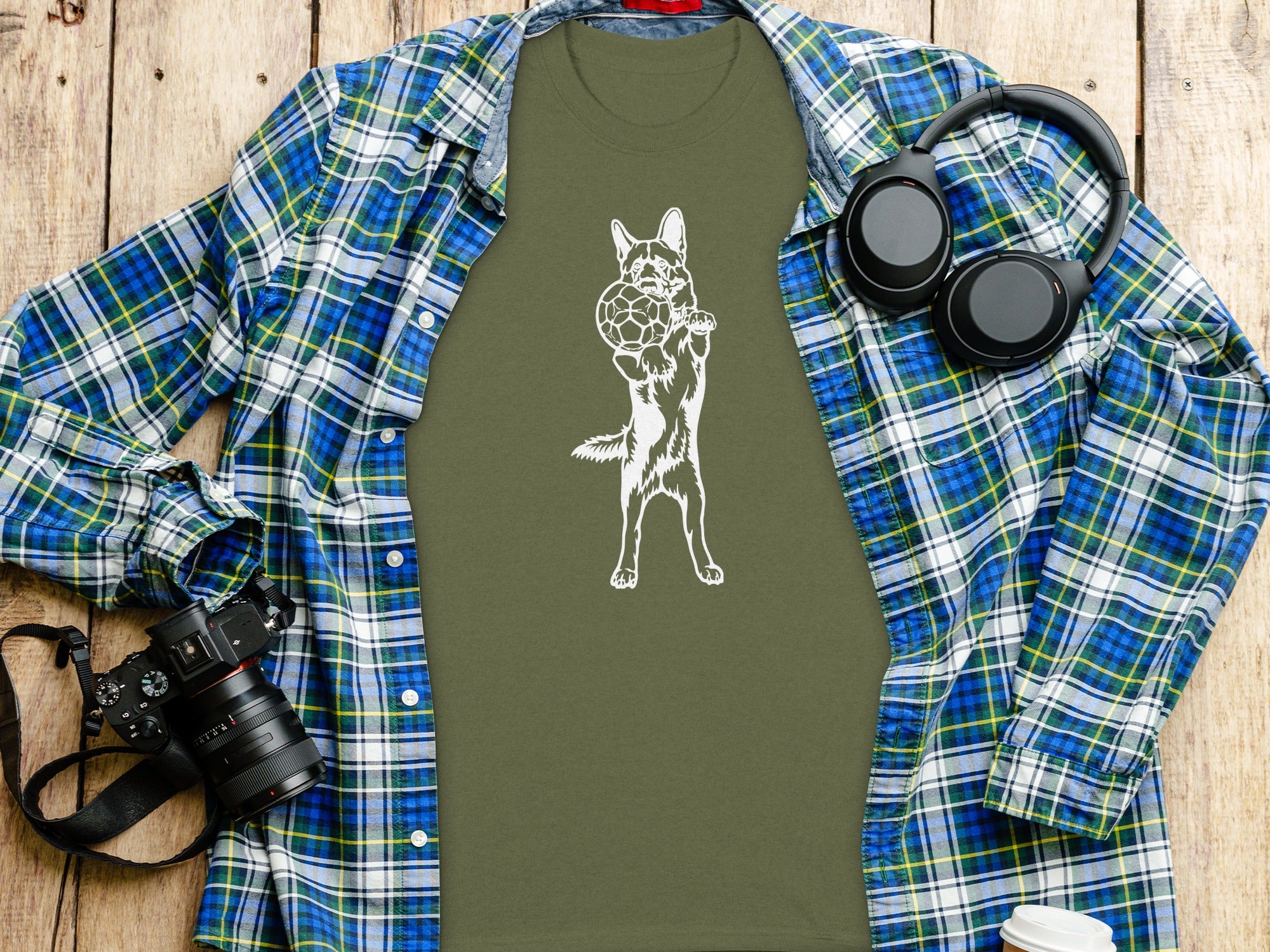 Olive t-shirt with white German Shepherd holding a soccer ball graphic.