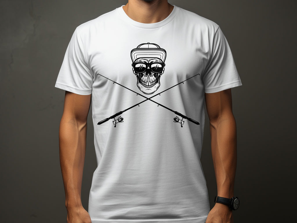 Skull with sunglasses and cap crossed with fishing rods on white t-shirt.