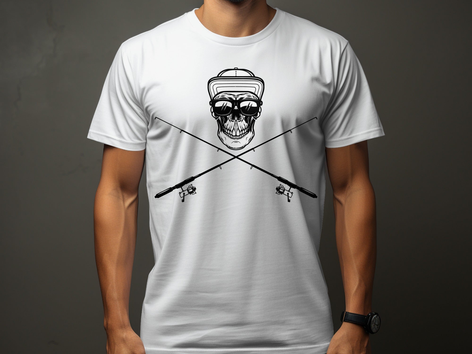 Skull with sunglasses and cap crossed with fishing rods on white t-shirt.