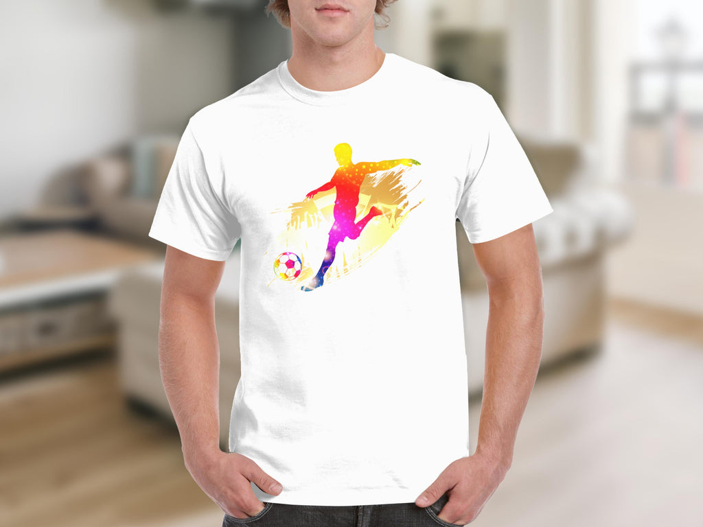 White t-shirt with colorful soccer player silhouette kicking a soccer ball.