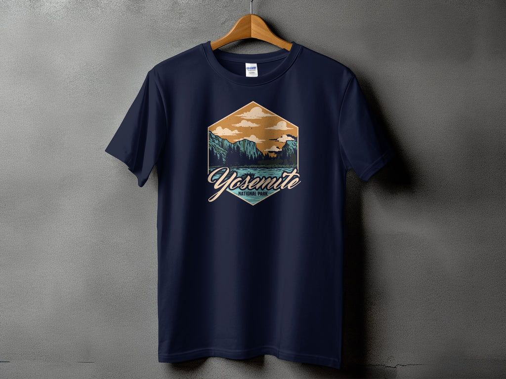 Navy t-shirt with Yosemite National Park graphic featuring mountains and a lake.