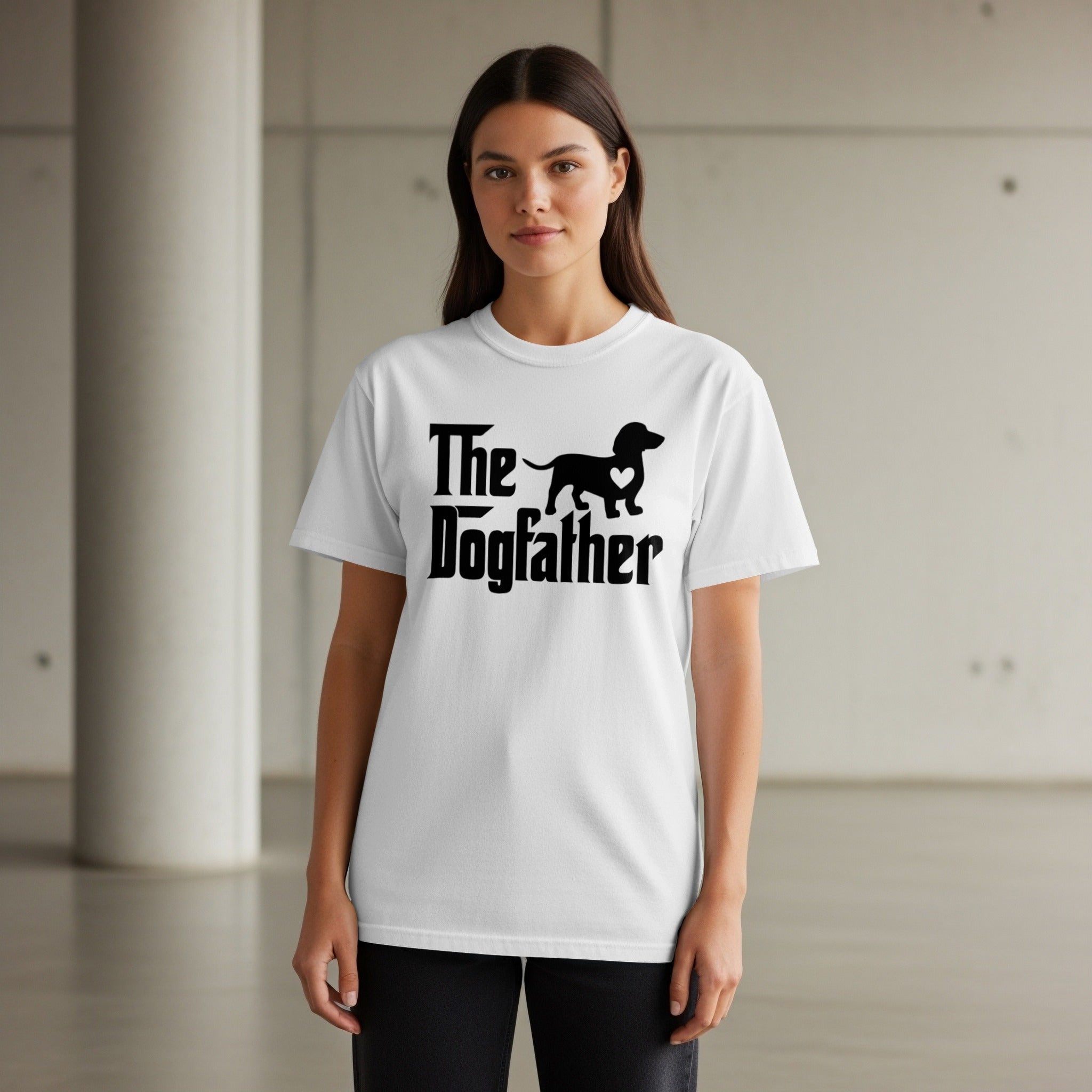 White t-shirt with black text and dachshund silhouette: "The Dogfather".
