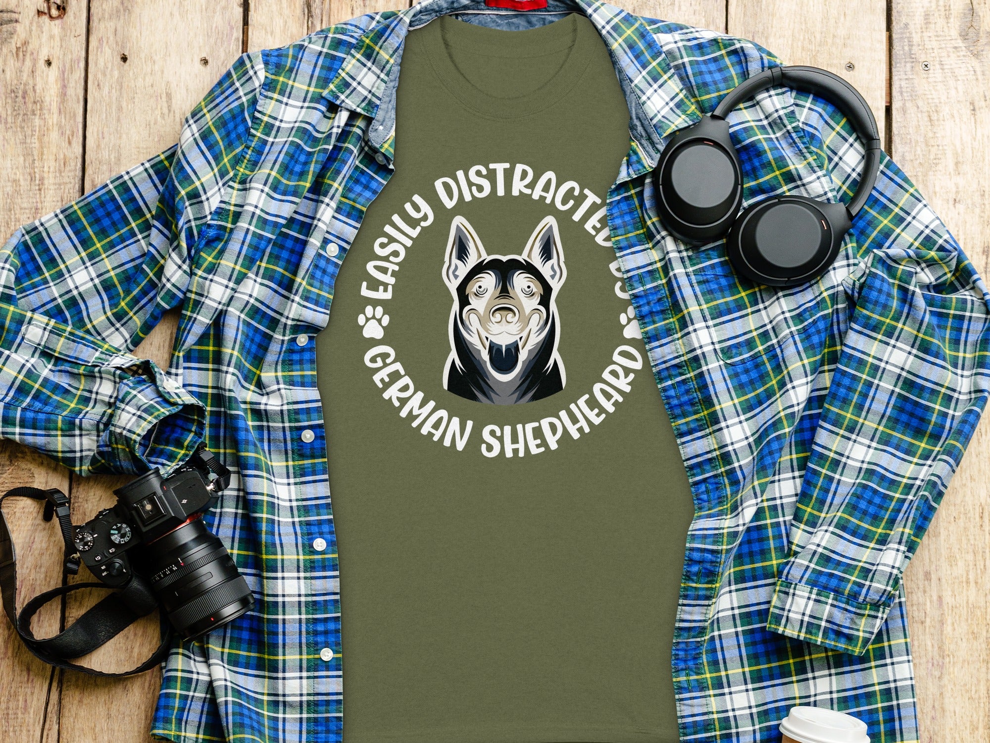 Olive green t-shirt with German Shepherd graphic and text: "Easily Distracted by German Shepherds."