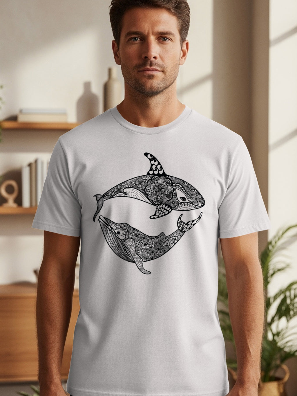 Orca and whale with intricate black and white mandala pattern on a white t-shirt.