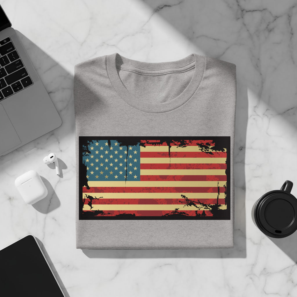 Gray t-shirt with distressed American flag graphic.