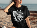 Black t-shirt with husky and American flag graphic on the chest
