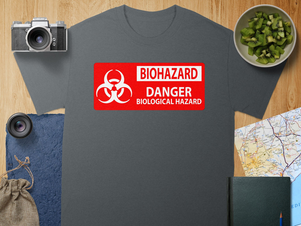 Dark gray t-shirt with red biohazard danger biological hazard label.