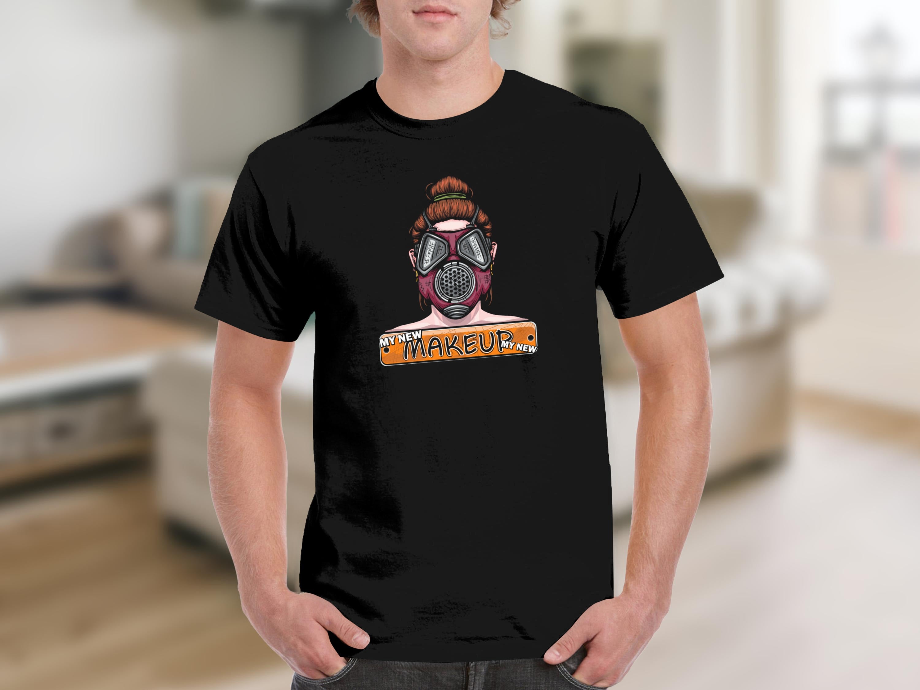 Black t-shirt with graphic of a person wearing a gas mask and the text "MY NEW MAKEUP"