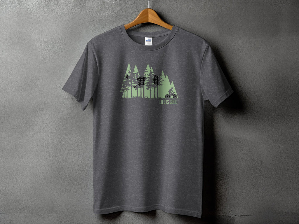 Dark grey t-shirt with a graphic of a cyclist and trees, reading "LIFE IS GOOD".