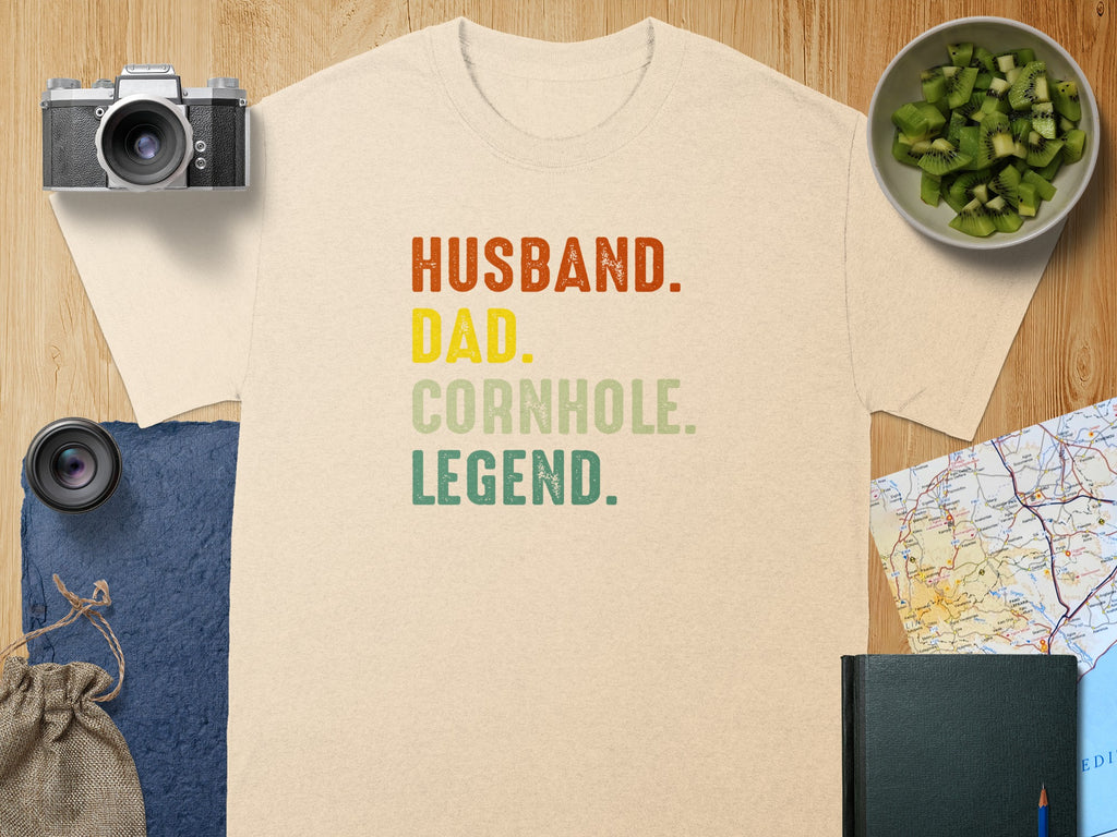 T-shirt with text "Husband. Dad. Cornhole. Legend."