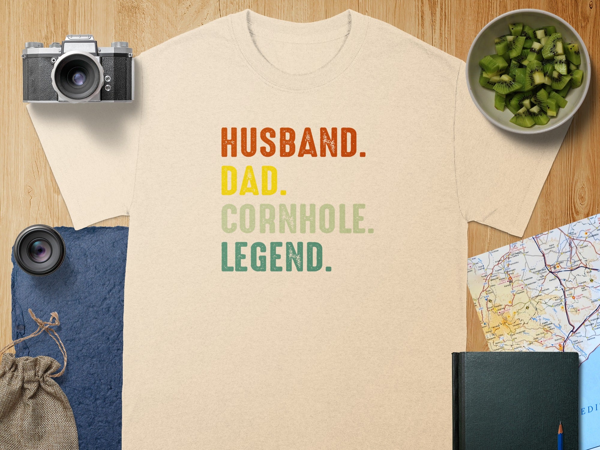 T-shirt with text "Husband. Dad. Cornhole. Legend."