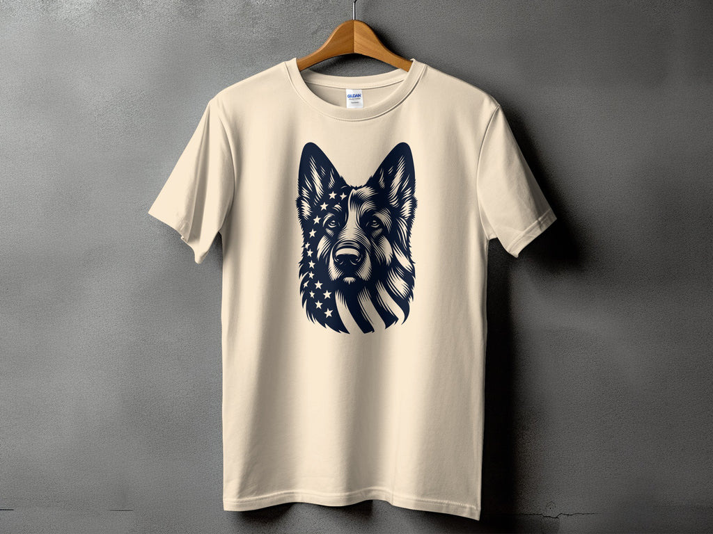 Cream t-shirt with a navy depiction of a German Shepherd's face with an American flag overlay.