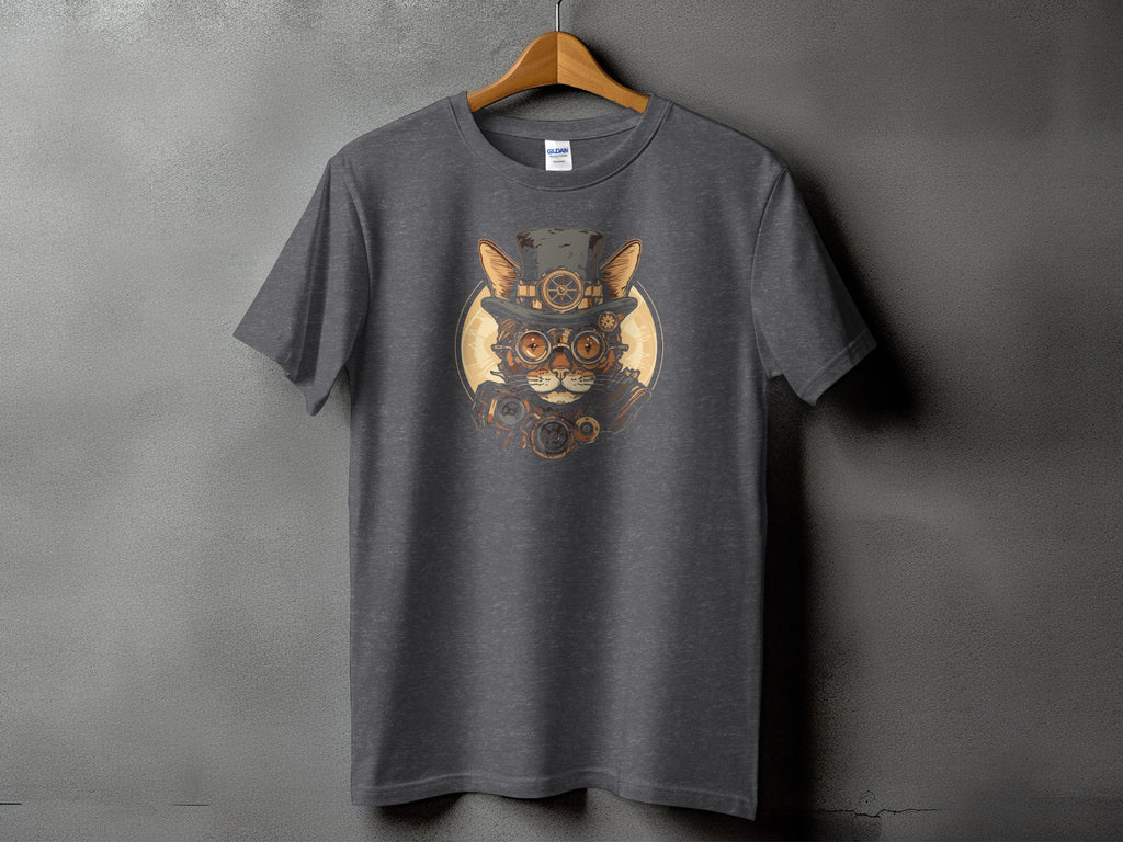 Steampunk cat wearing a top hat and goggles on a dark gray t-shirt.