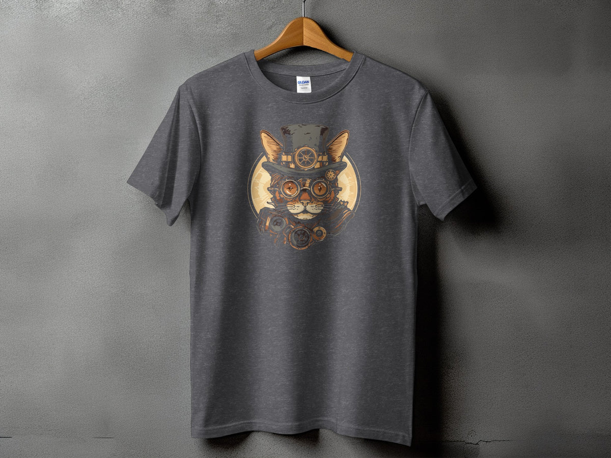 Steampunk cat wearing a top hat and goggles on a dark gray t-shirt.