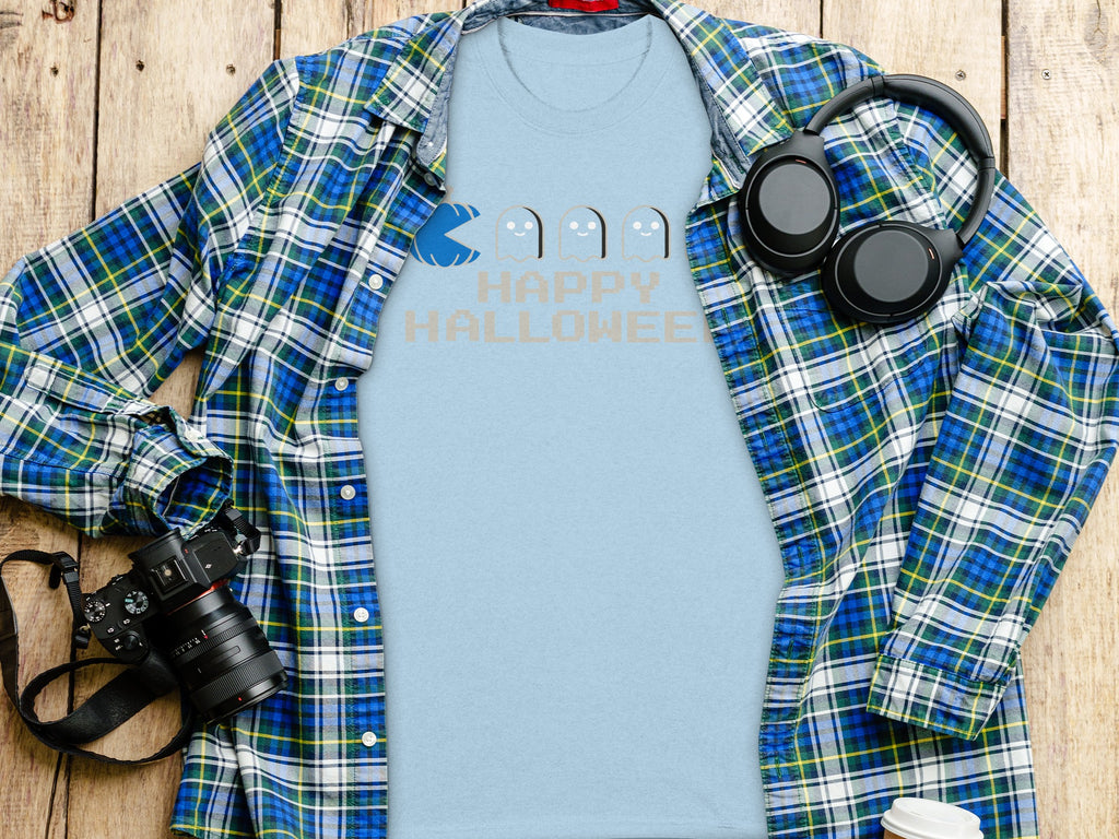 Light blue t-shirt with Pac-Man ghosts and "Happy Halloween" text.