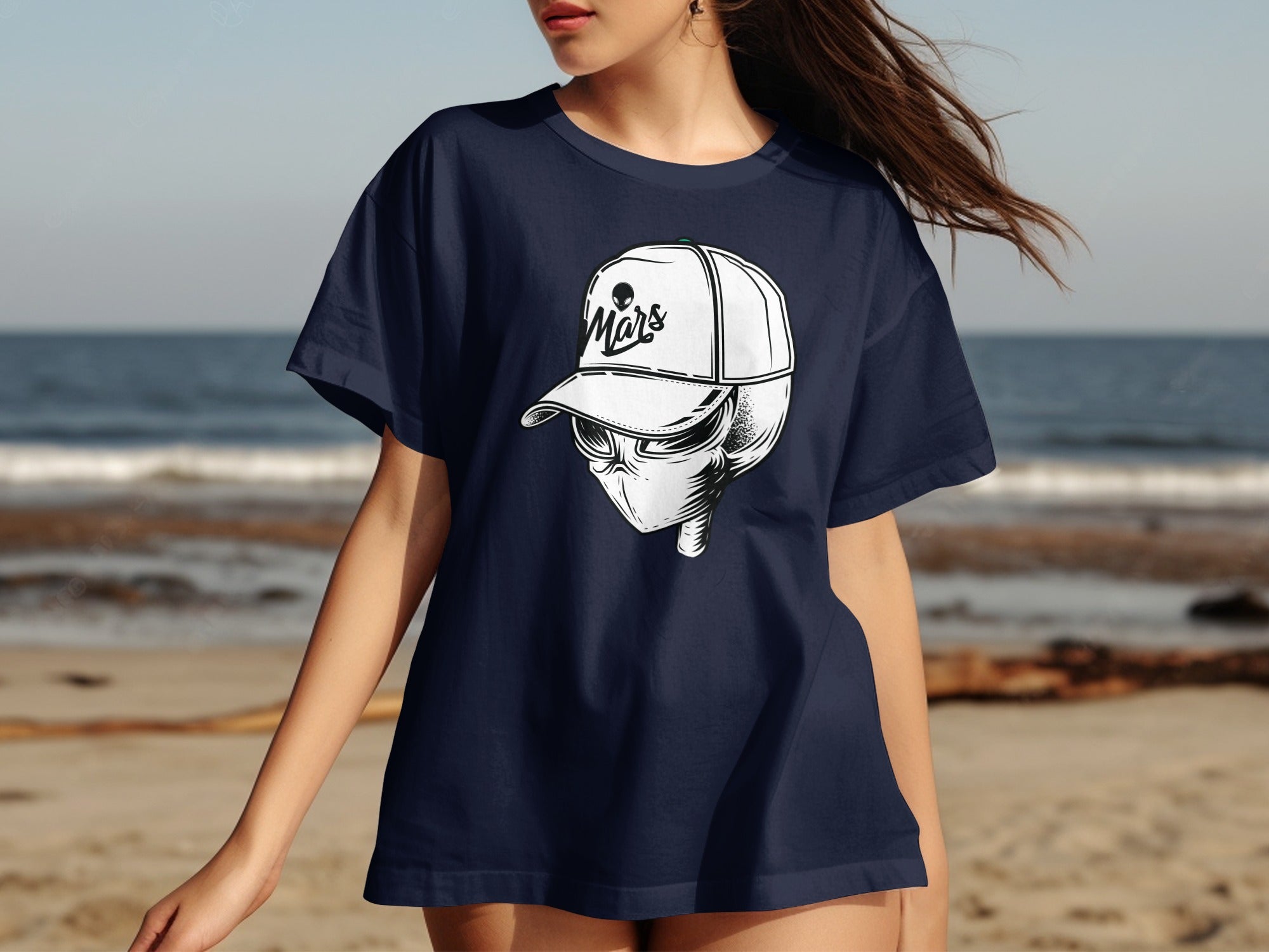 Navy t-shirt featuring a black and white graphic of an alien wearing a baseball cap with the word "Mars."