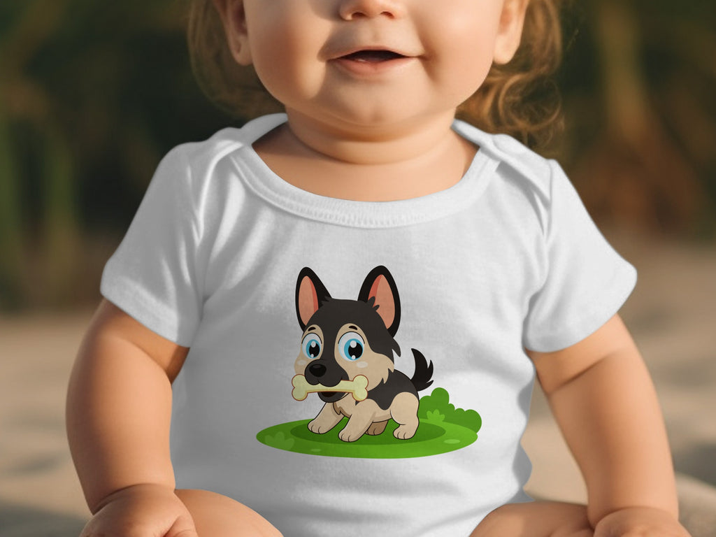 White baby onesie with a cartoon German Shepherd puppy holding a bone.
