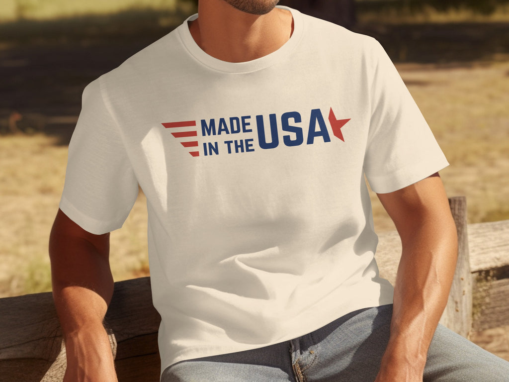 Cream t-shirt with "Made in the USA" text and patriotic graphics on chest.