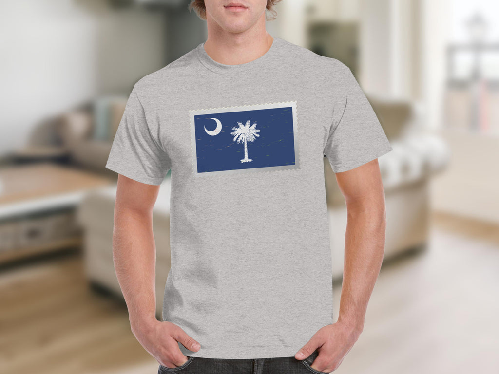 Grey t-shirt with South Carolina flag in postage stamp design.