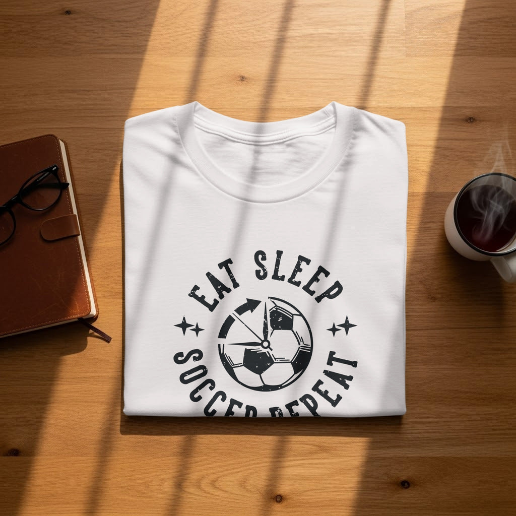 White t-shirt with black text and soccer ball graphic reading "Eat Sleep Soccer Repeat".