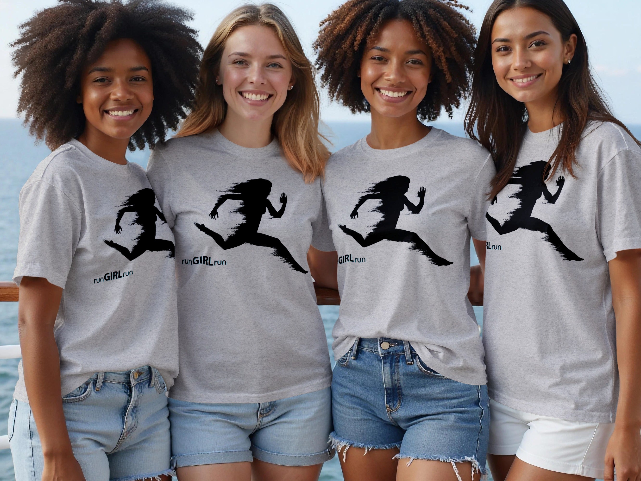 Four women in grey t-shirts featuring a black running silhouette and "runGIRLrun" text.
