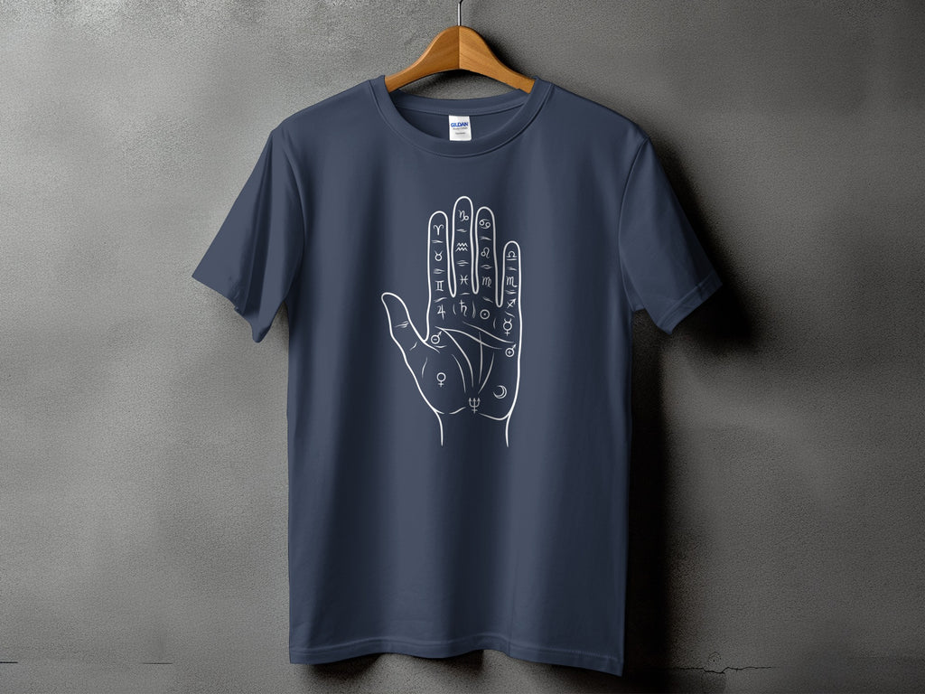 Dark blue t-shirt with white line drawing of a palm with astrological symbols.