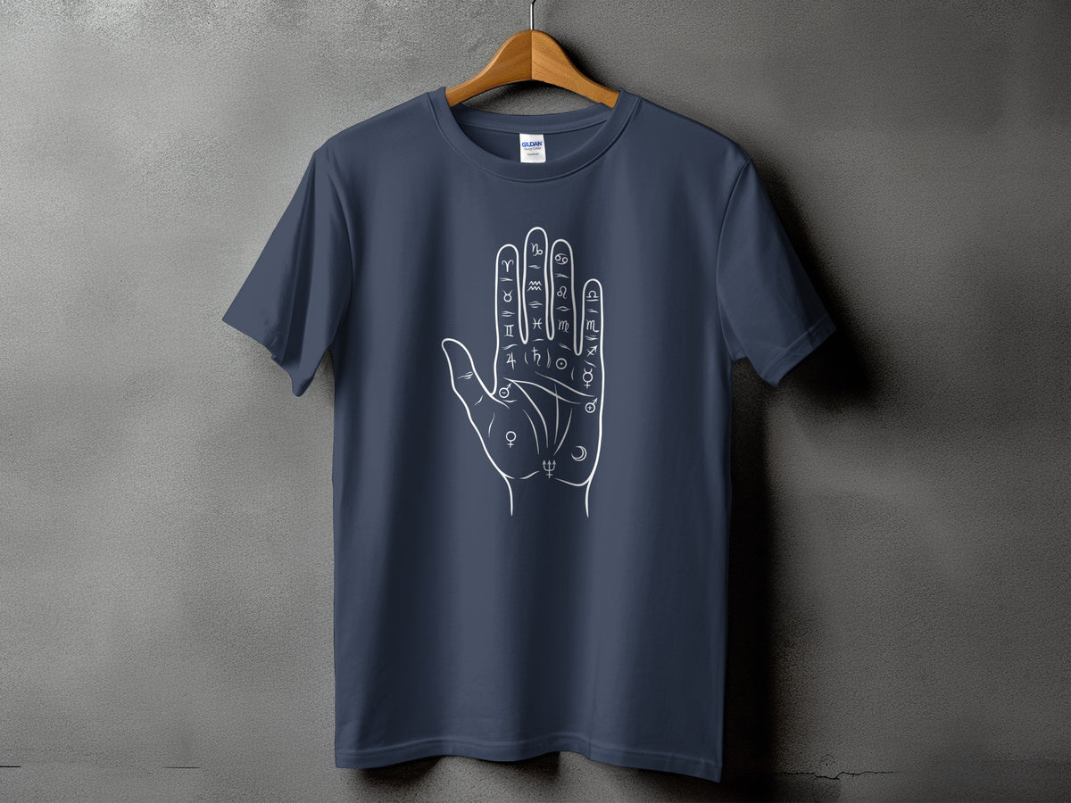 Dark blue t-shirt with white line drawing of a palm with astrological symbols.
