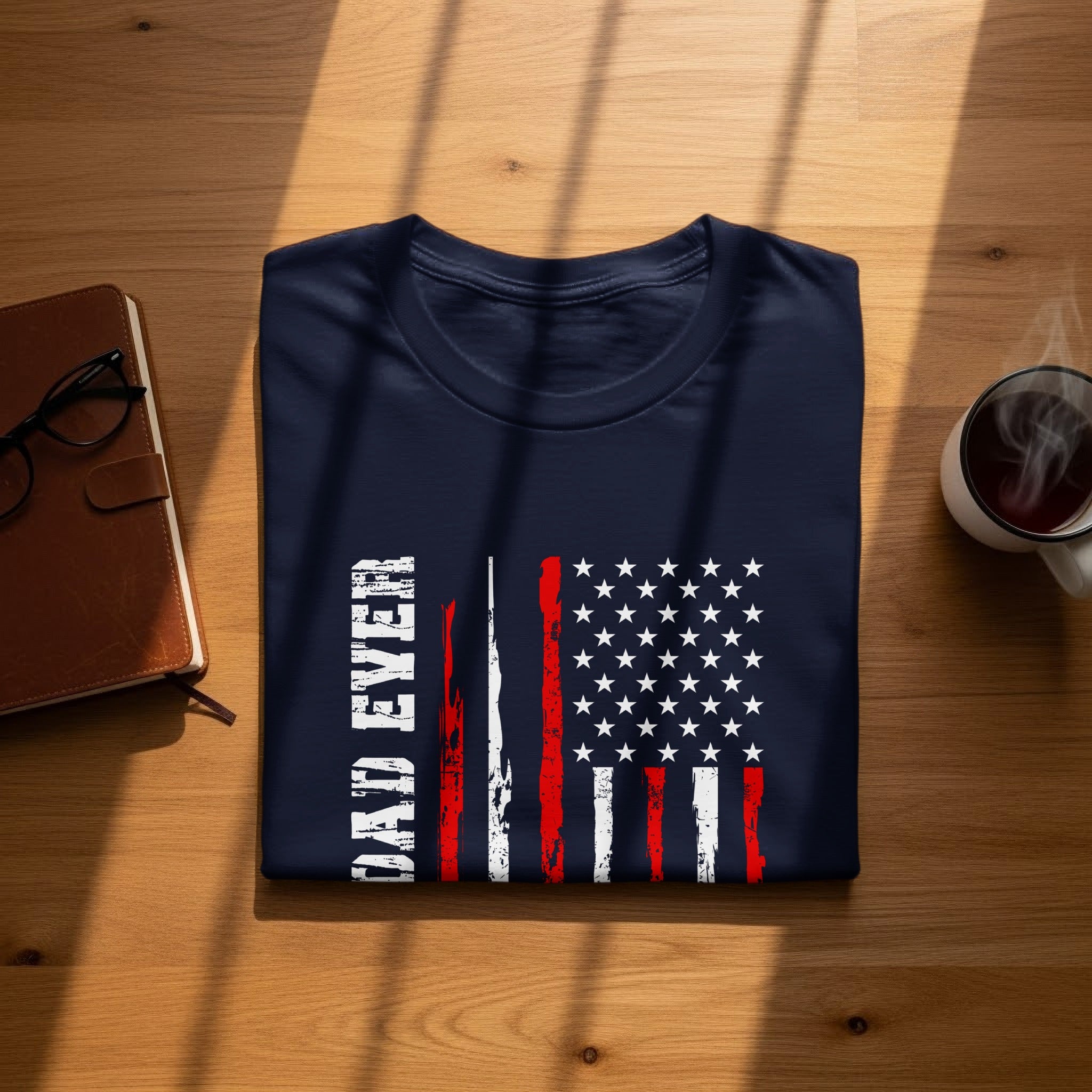Navy t-shirt with distressed American flag design and "DAD EVER" text.