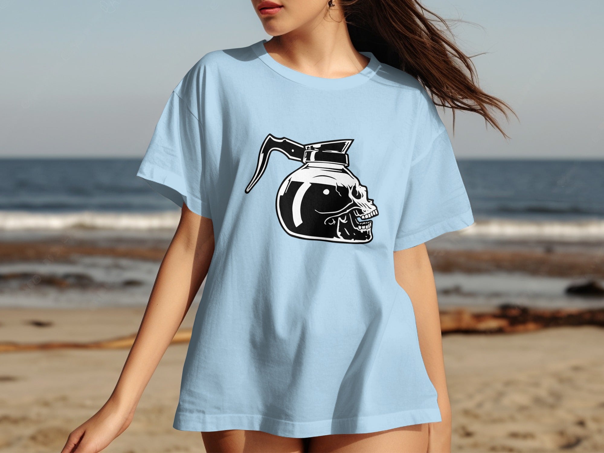 Light blue t-shirt with a black and white skull coffee pot graphic on front.