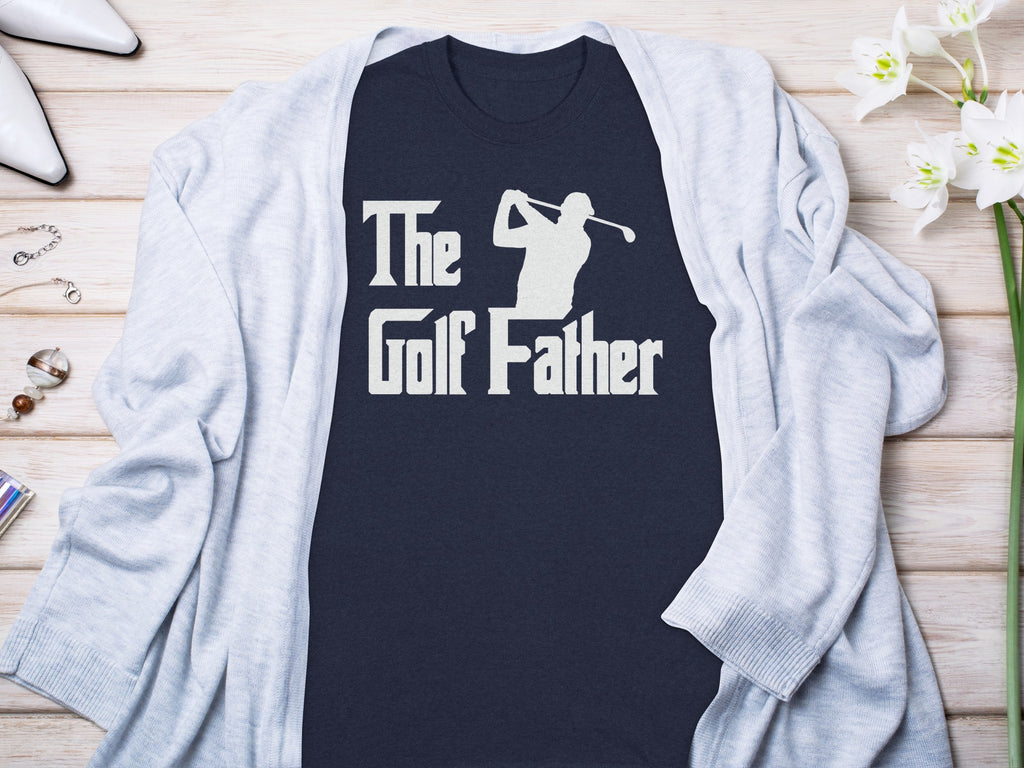Dark blue t-shirt with white text and golfer silhouette, "The Golf Father".